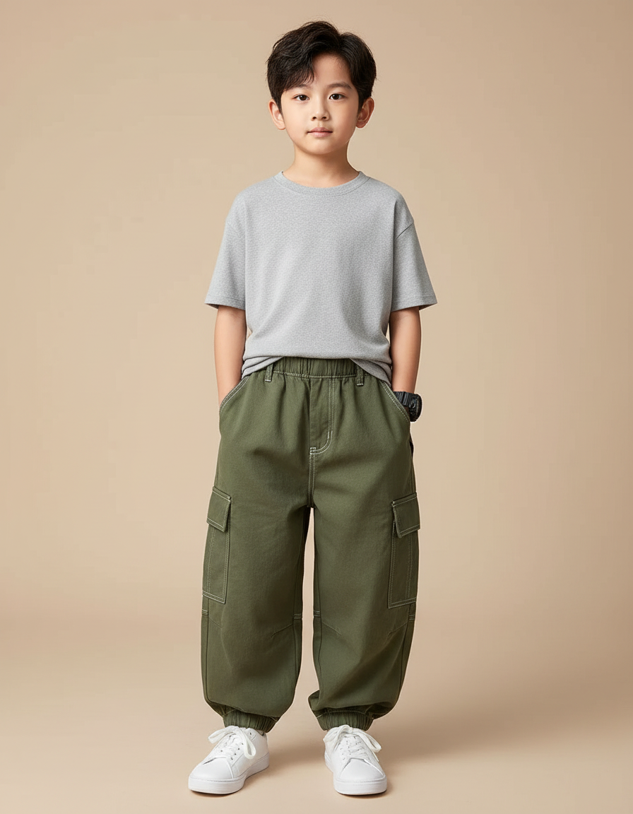 Pantalon Cargo Vert Ample Coton Enfant - Kaki Toile