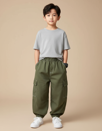 Pantalon Cargo Vert Ample Coton Enfant - Kaki Toile