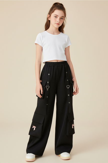 Pantalon Cargo Noir Ample Fille Multipoches Cœur - Polyester