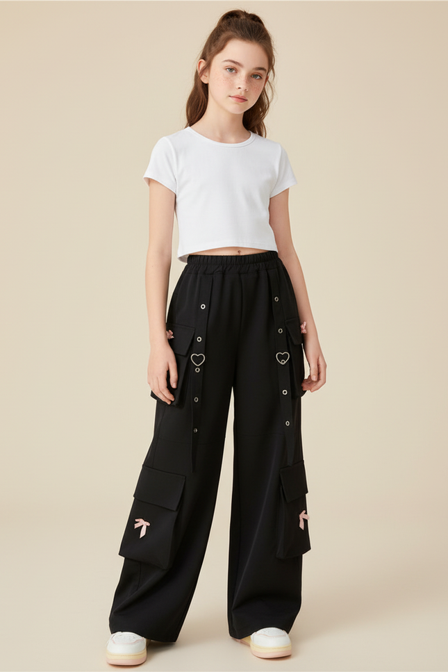 Pantalon Cargo Noir Ample Fille Multipoches Cœur - Polyester
