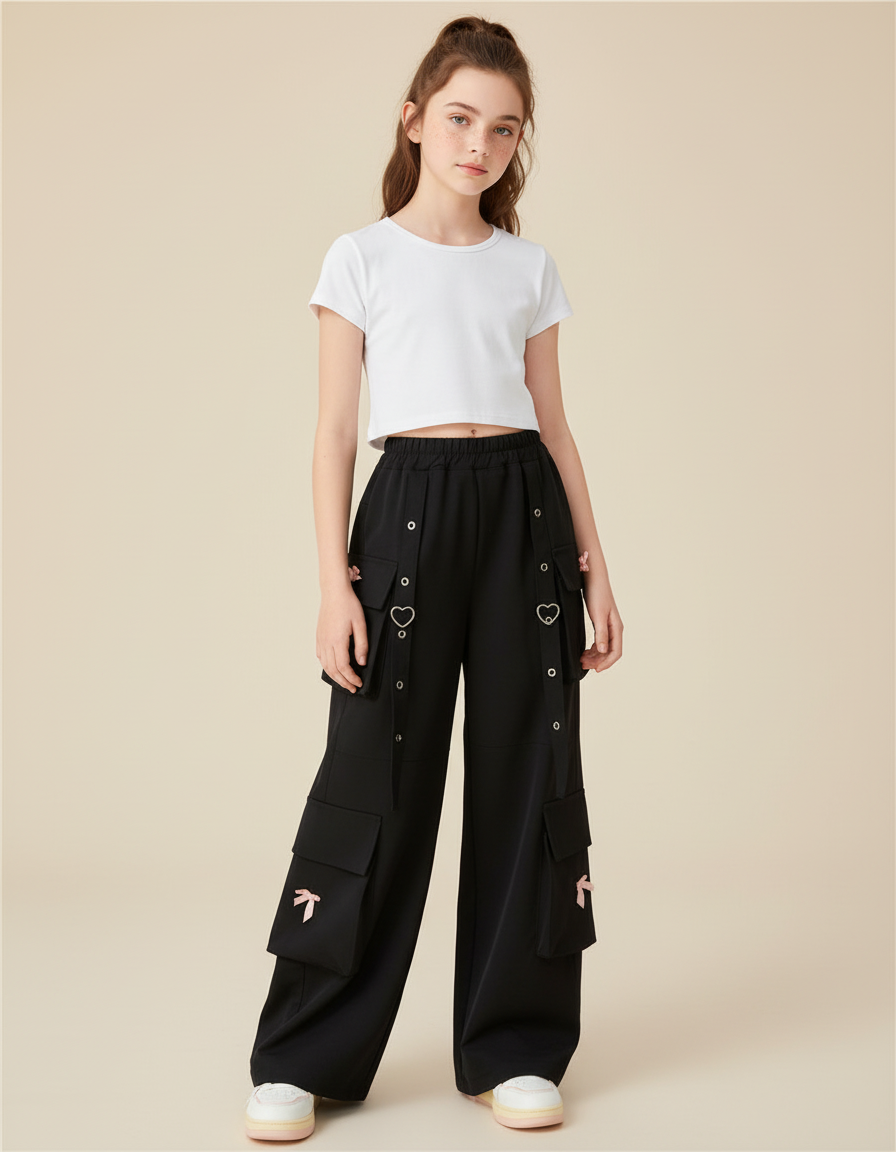 Pantalon Cargo Noir Ample Fille Multipoches Cœur - Polyester