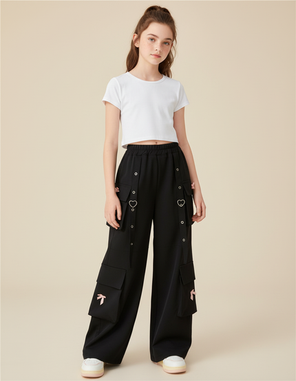 Pantalon Cargo Noir Ample Fille Multipoches Cœur - Polyester