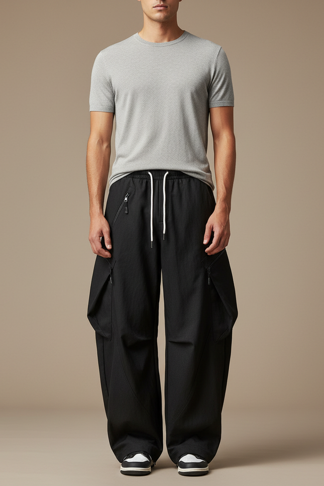Pantalon Cargo Noir Ample Décontracté Unisexe - Polyester