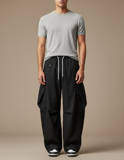 Pantalon Cargo Noir Ample Décontracté Unisexe - Polyester