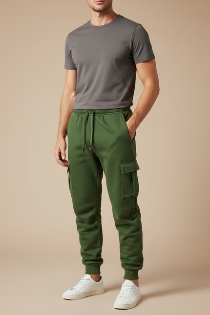 Pantalon Cargo Vert Molletonné Multipoches Homme