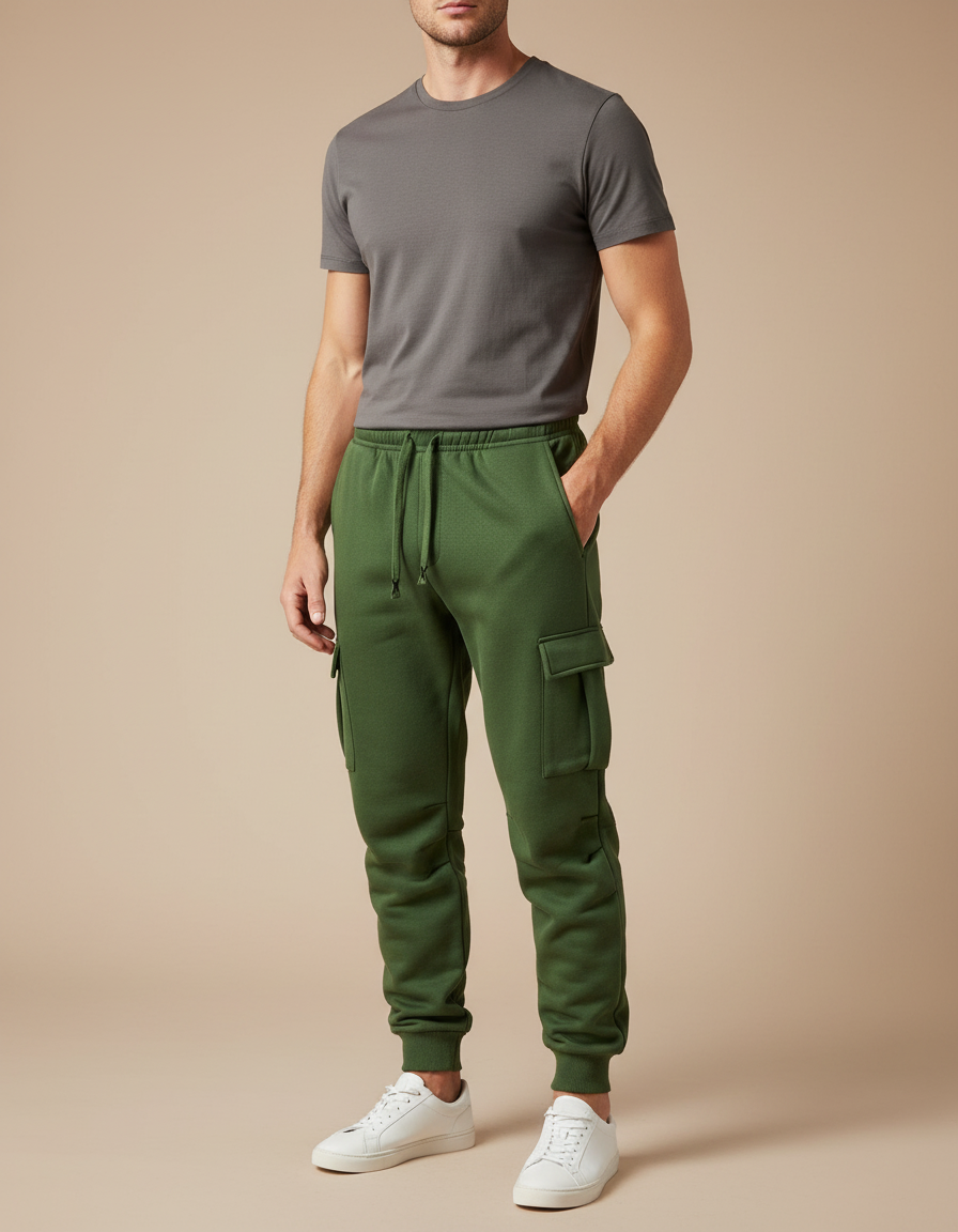Pantalon Cargo Vert Molletonné Multipoches Homme