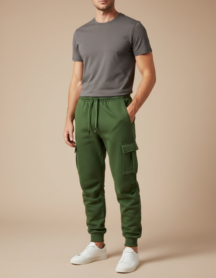 Pantalon Cargo Vert Molletonné Multipoches Homme
