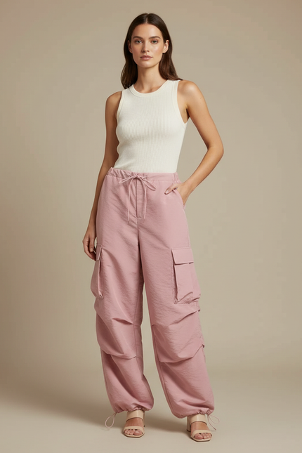 Pantalon Cargo Rose Ample Fluide Poches Femme - Polyester