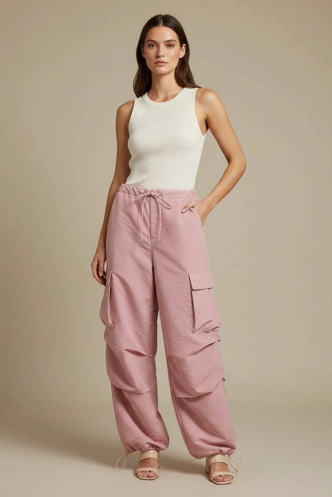 Pantalon Cargo Rose Ample Fluide Poches Femme - Polyester