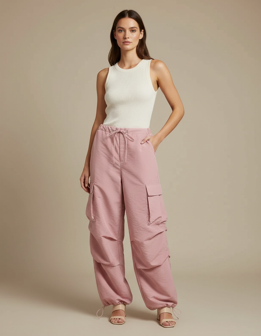 Pantalon Cargo Rose Ample Fluide Poches Femme - Polyester