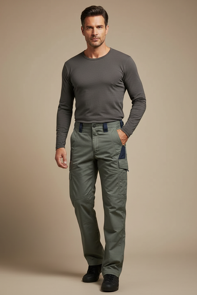 Pantalon Cargo Vert Militaire Droit Multipoches Bicolore Décontracté - Kaki Toile