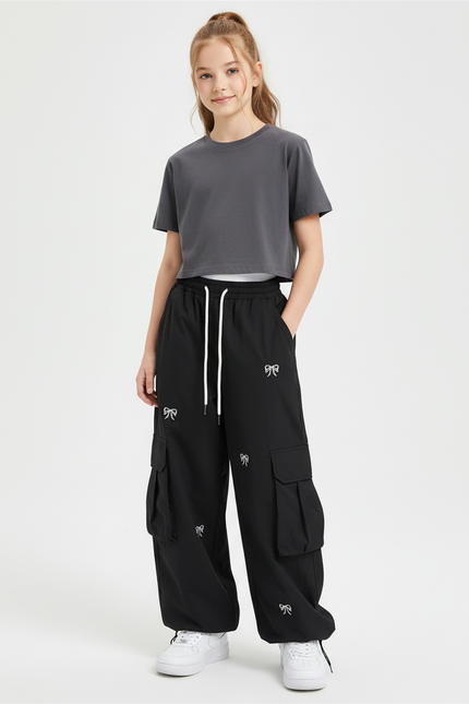 Pantalon Cargo Noir Ample Brodé Multipoches Enfant - Polyester