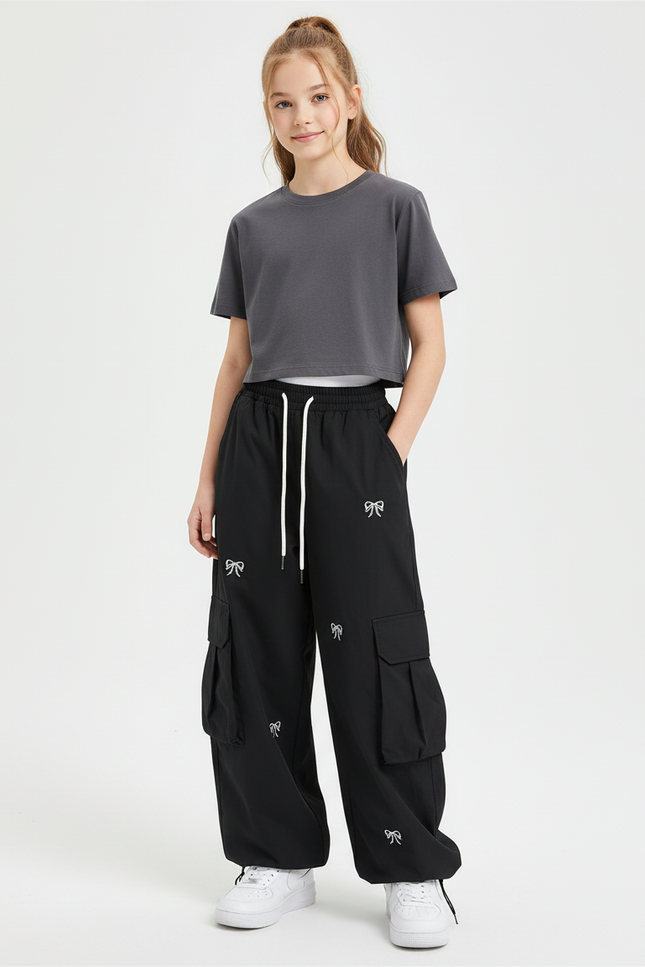 Pantalon Cargo Noir Ample Brodé Multipoches Enfant - Polyester