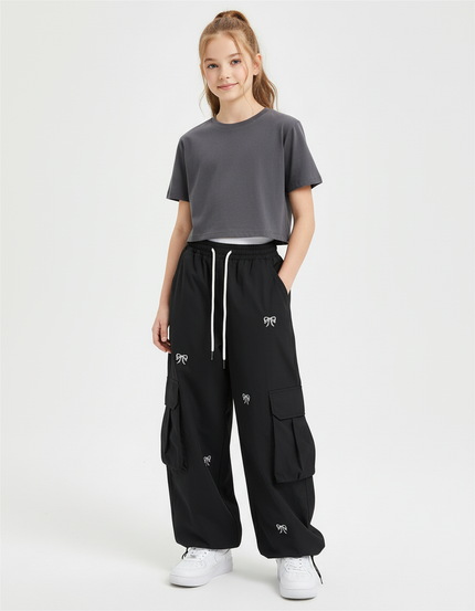 Pantalon Cargo Noir Ample Brodé Multipoches Enfant - Polyester
