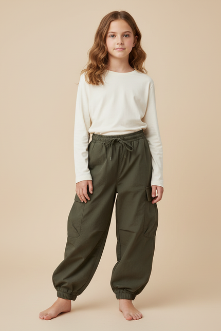 Pantalon Cargo Vert Ample Coton Enfant Décontracté - Kaki