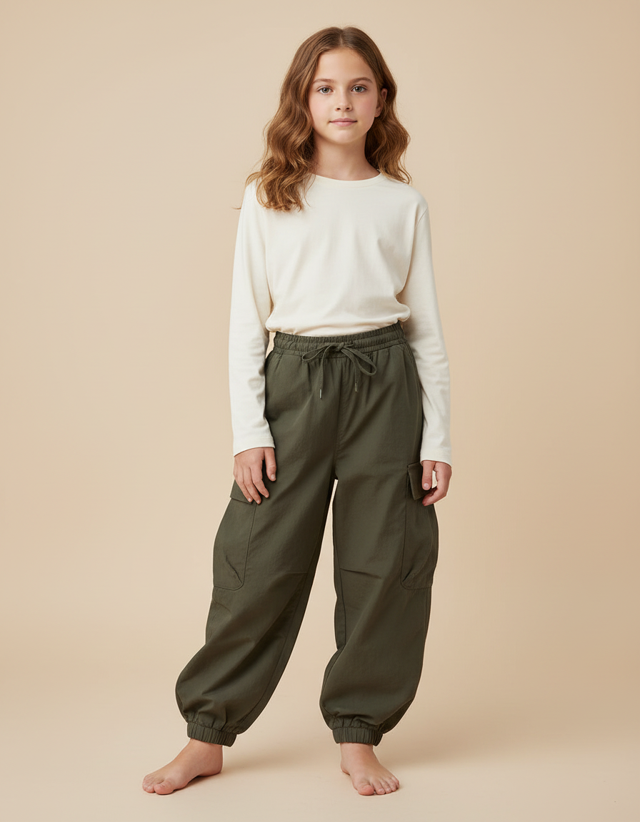 Pantalon Cargo Vert Ample Coton Enfant Décontracté - Kaki
