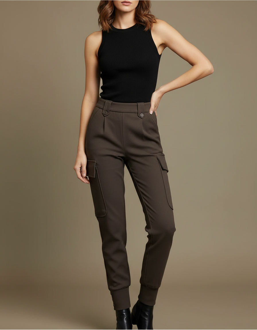 Pantalon Cargo Kaki Taille Haute Côtelé Femme - Gabardine