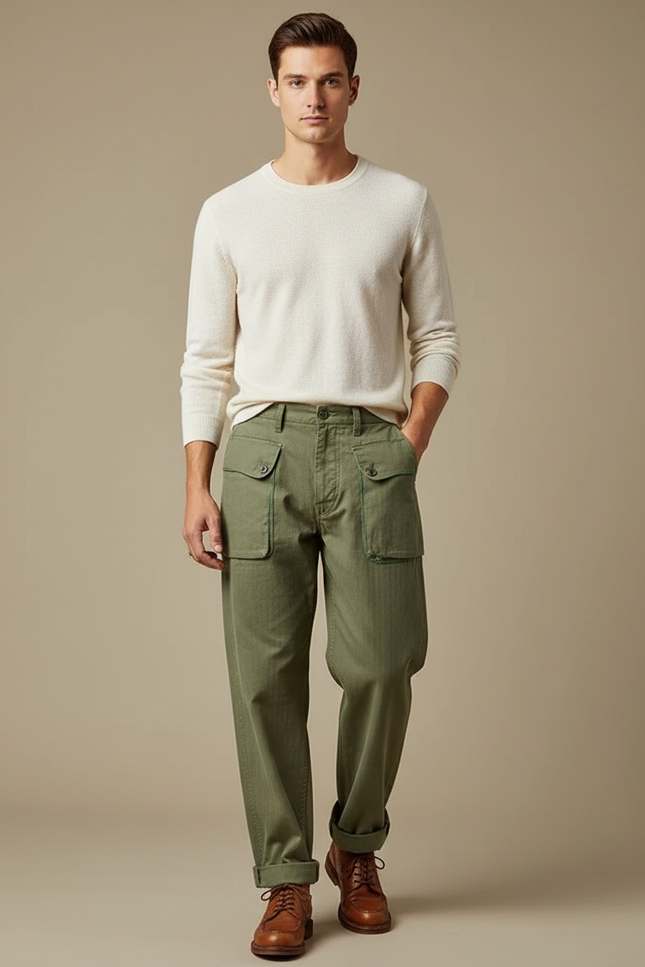 Pantalon Cargo Vert Militaire Ample HBT Homme - Coton