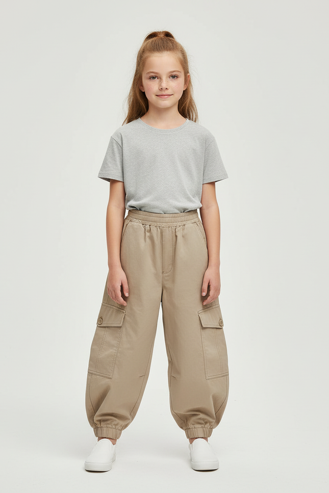 Pantalon Cargo Beige Ample Taille Élastique Enfant - Toile