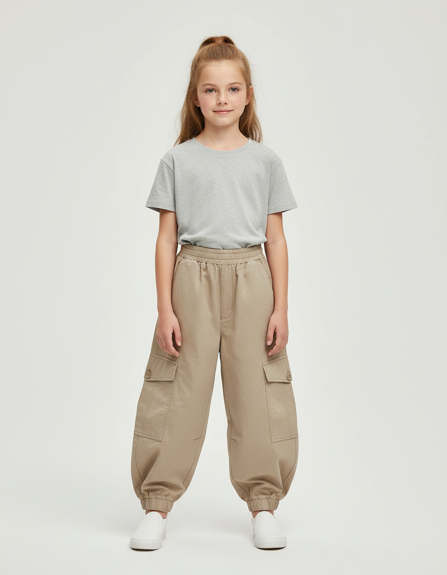 Pantalon Cargo Beige Ample Taille Élastique Enfant - Toile
