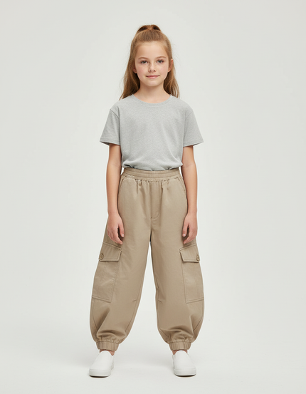 Pantalon Cargo Beige Ample Taille Élastique Enfant - Toile