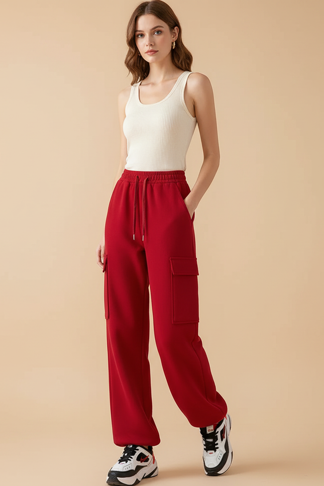Pantalon Cargo Rouge Molletonné Ample Multipoches Décontracté