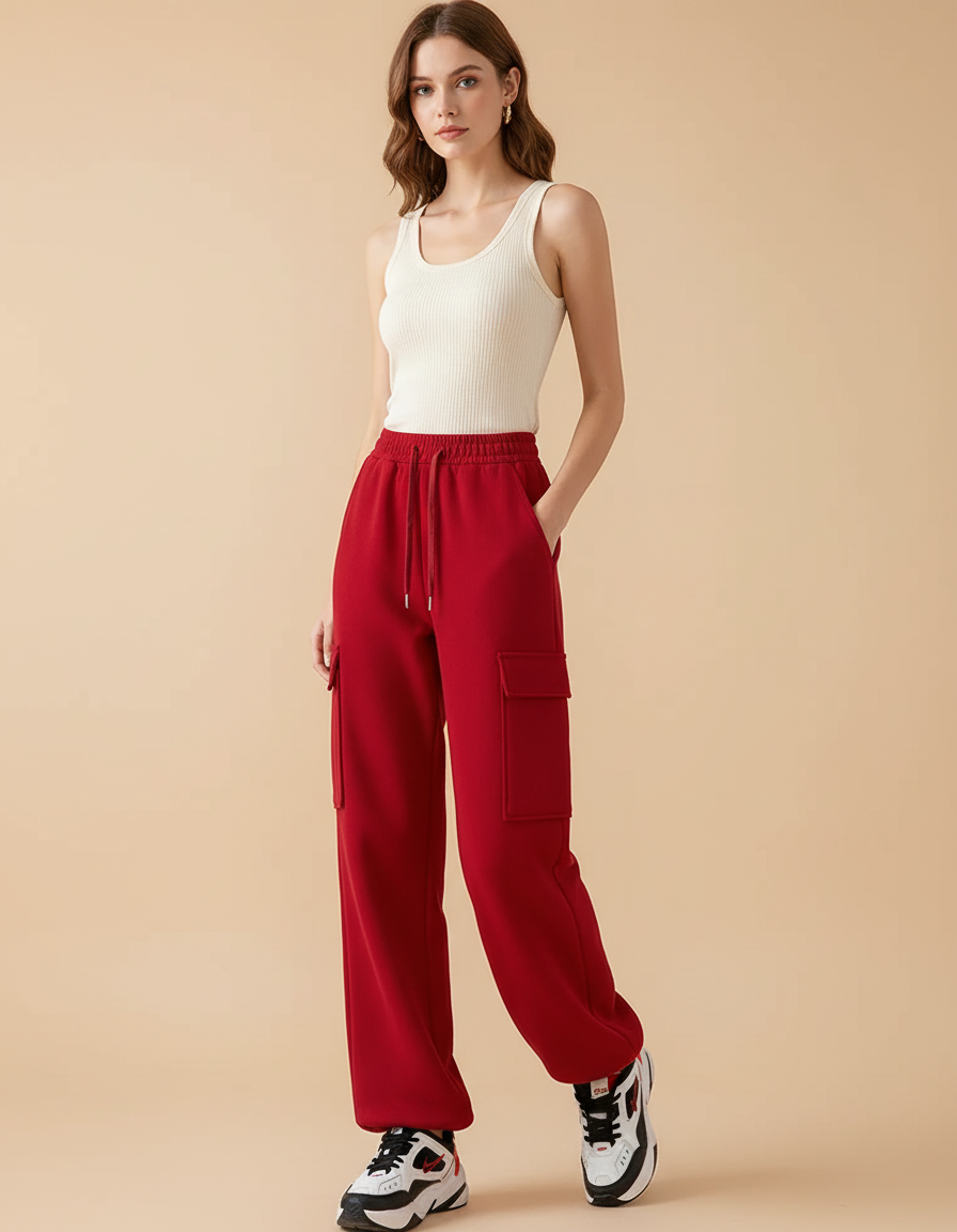 Pantalon Cargo Rouge Molletonné Ample Multipoches Décontracté