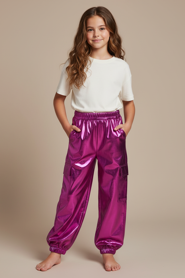 Pantalon Cargo Métallique Brillant Fuchsia Ample Enfant - Rose Polyester