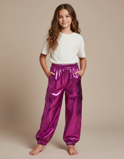 Pantalon Cargo Métallique Brillant Fuchsia Ample Enfant - Rose Polyester
