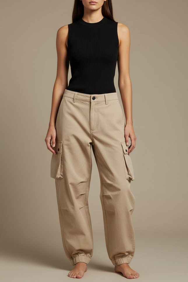 Pantalon Cargo Beige Ample Multipoches Cordon - Gabardine