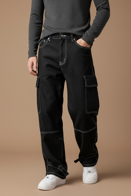 Pantalon Cargo Noir Décontracté Ample Coutures Blanches Homme - Jean