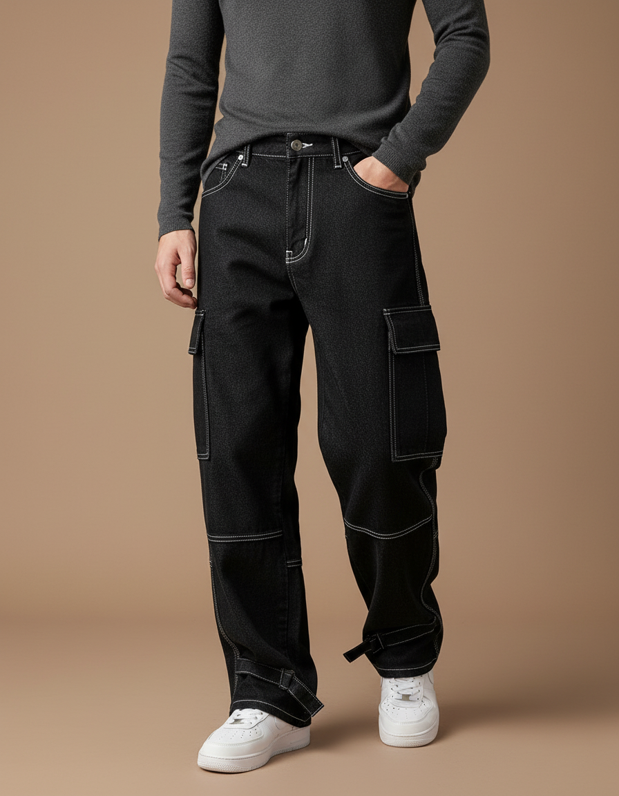 Pantalon Cargo Noir Décontracté Ample Coutures Blanches Homme - Jean