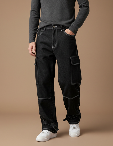 Pantalon Cargo Noir Décontracté Ample Coutures Blanches Homme - Jean