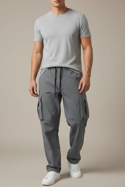 Pantalon Cargo Gris Ample Multipoches Décontracté - Polyester