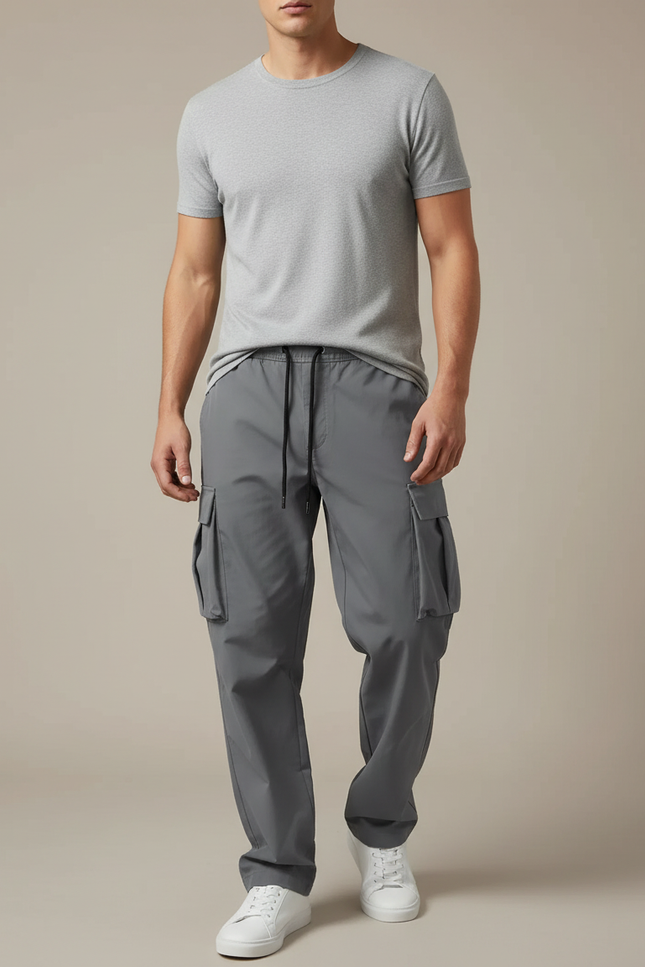 Pantalon Cargo Gris Ample Multipoches Décontracté - Polyester