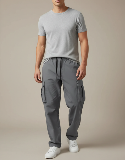 Pantalon Cargo Gris Ample Multipoches Décontracté - Polyester