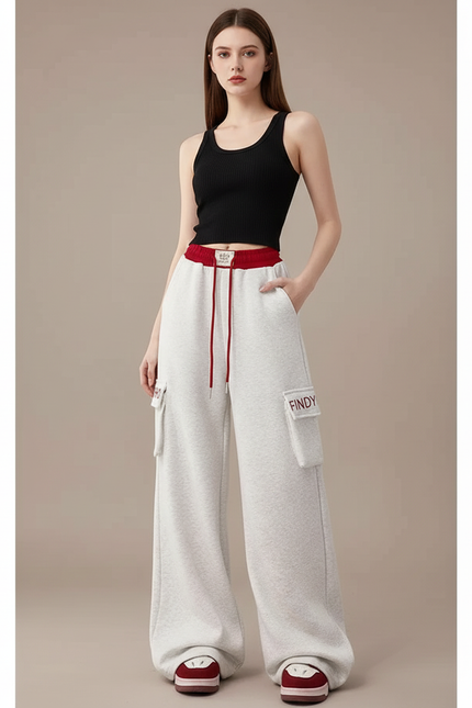 Pantalon Cargo Gris Clair Ample Cordon Fluide - Molleton