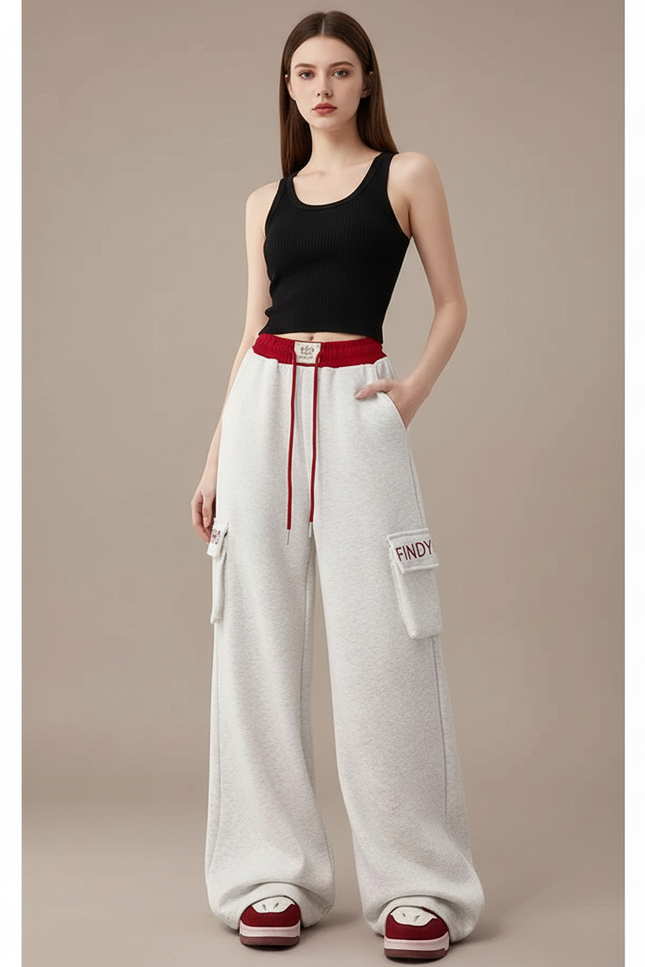 Pantalon Cargo Gris Clair Ample Cordon Fluide - Molleton