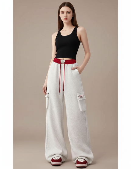 Pantalon Cargo Gris Clair Ample Cordon Fluide - Molleton