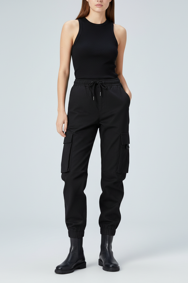 Pantalon Cargo Noir Femme Cordon Taille Haute - Toile