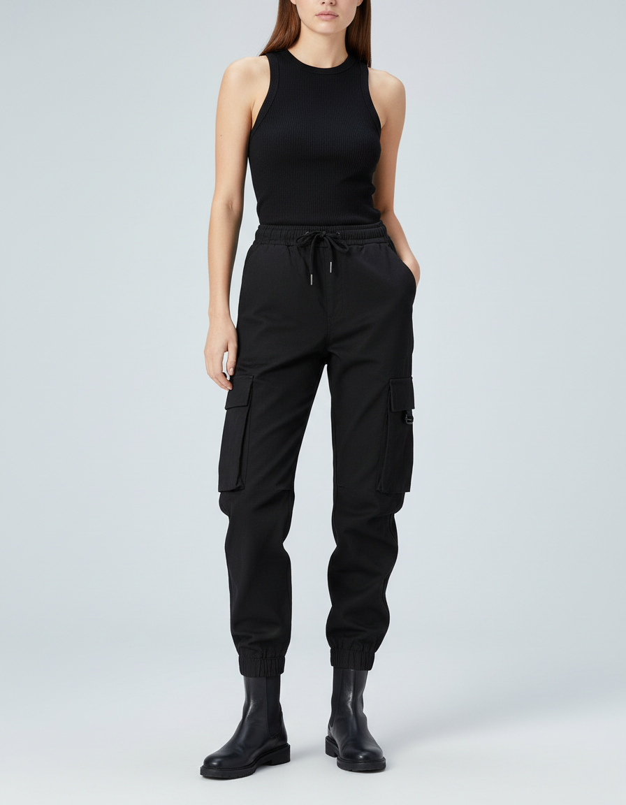 Pantalon Cargo Noir Femme Cordon Taille Haute - Toile