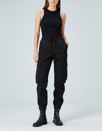 Pantalon Cargo Noir Femme Cordon Taille Haute - Toile