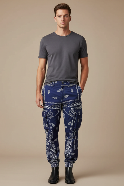 Pantalon Cargo Bleu Bandana Imprimé Ample Streetwear - Polyester