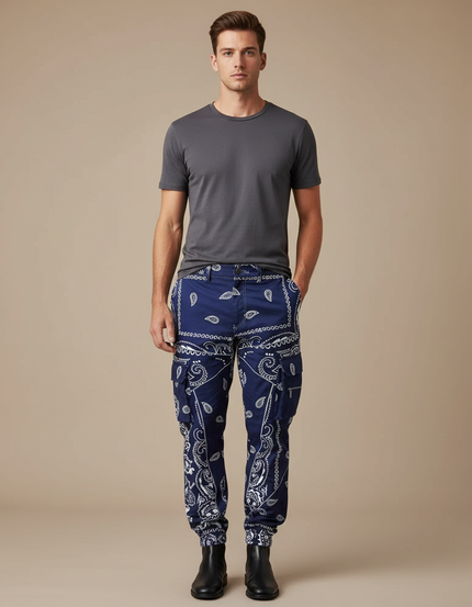 Pantalon Cargo Bleu Bandana Imprimé Ample Streetwear - Polyester