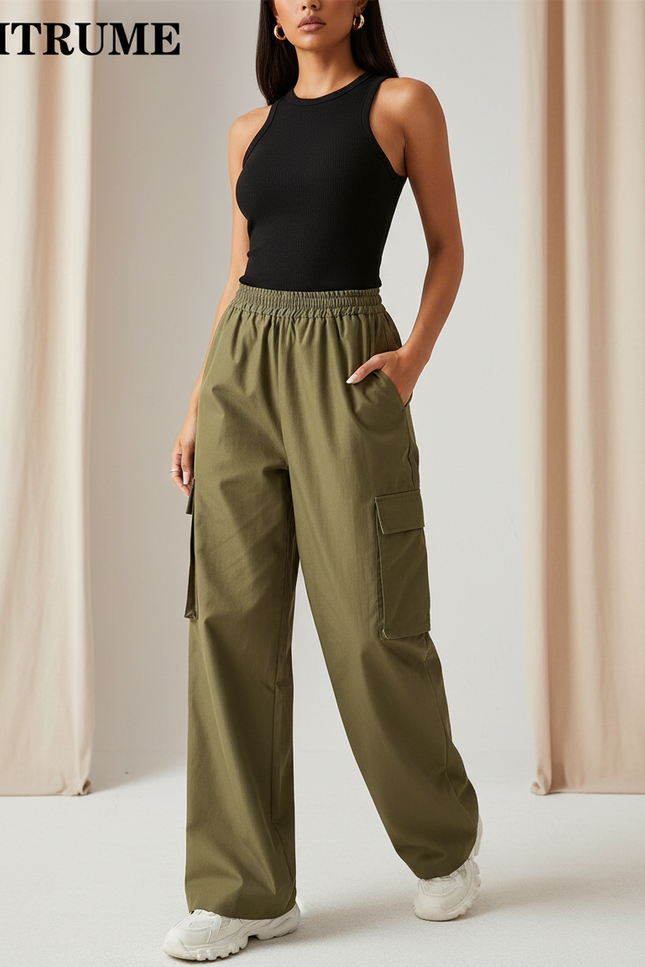 Pantalon Cargo Vert Ample Taille Haute Femme - Kaki Toile