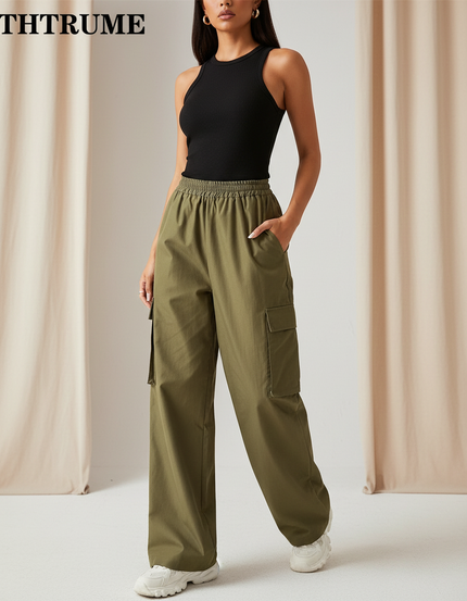 Pantalon Cargo Vert Ample Taille Haute Femme - Kaki Toile