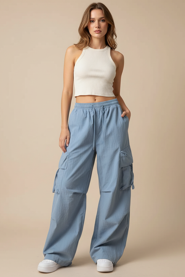Pantalon Cargo Bleu Ample Décontracté Femme - Polyester