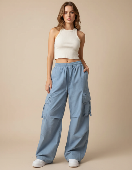 Pantalon Cargo Bleu Ample Décontracté Femme - Polyester