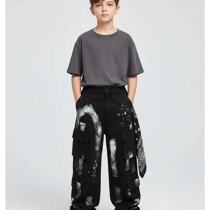 Pantalon Cargo Noir Ample Graffiti Garçon - Toile