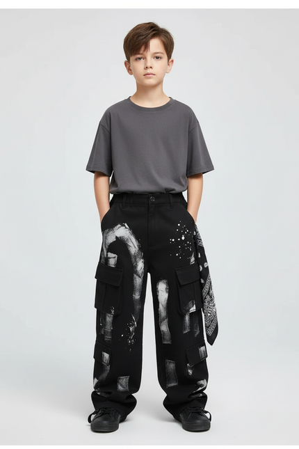 Pantalon Cargo Noir Ample Graffiti Garçon - Toile